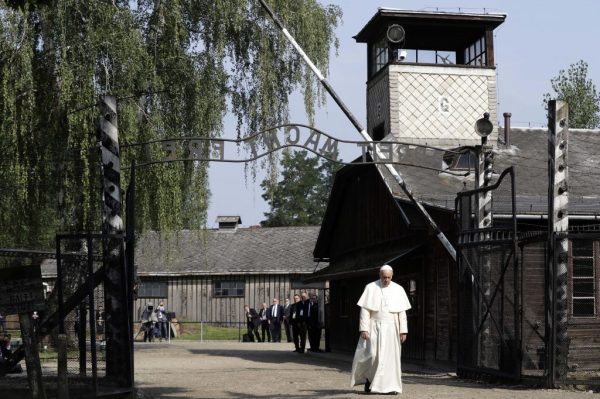 Pope Francis walks through the main gate of Auschwitz in Oswiecim yesterday (AP Photo/Gregorio Borgia)